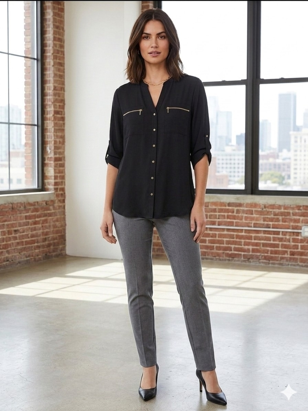 Calvin Klein Button-Up Black Top w/ Gold Zip Accents and Lightweight Size L. EUC